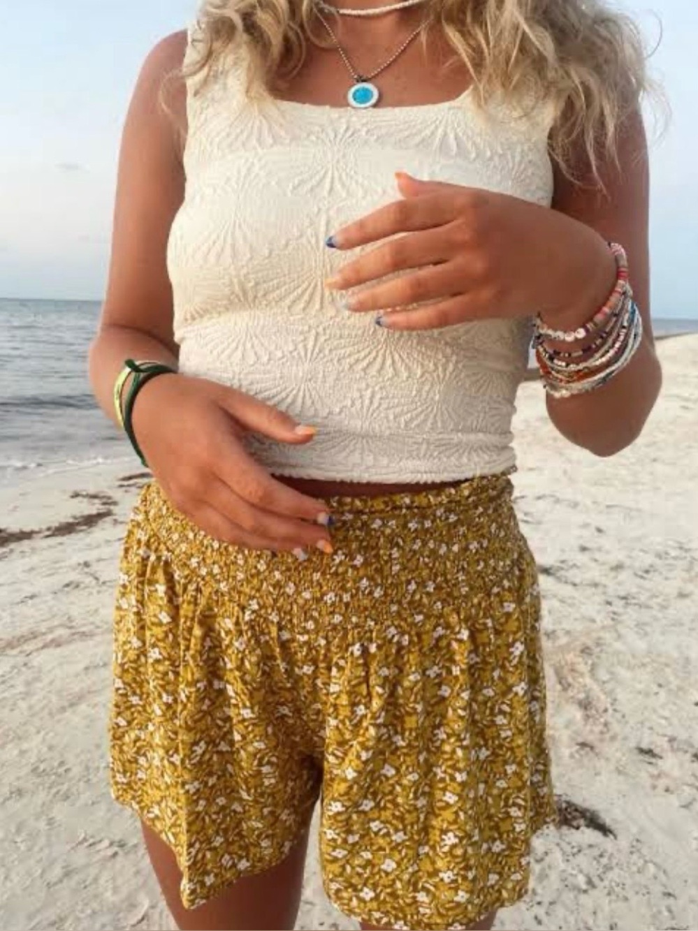 aerie Mustard Floral High-Waist Smocked Shorts